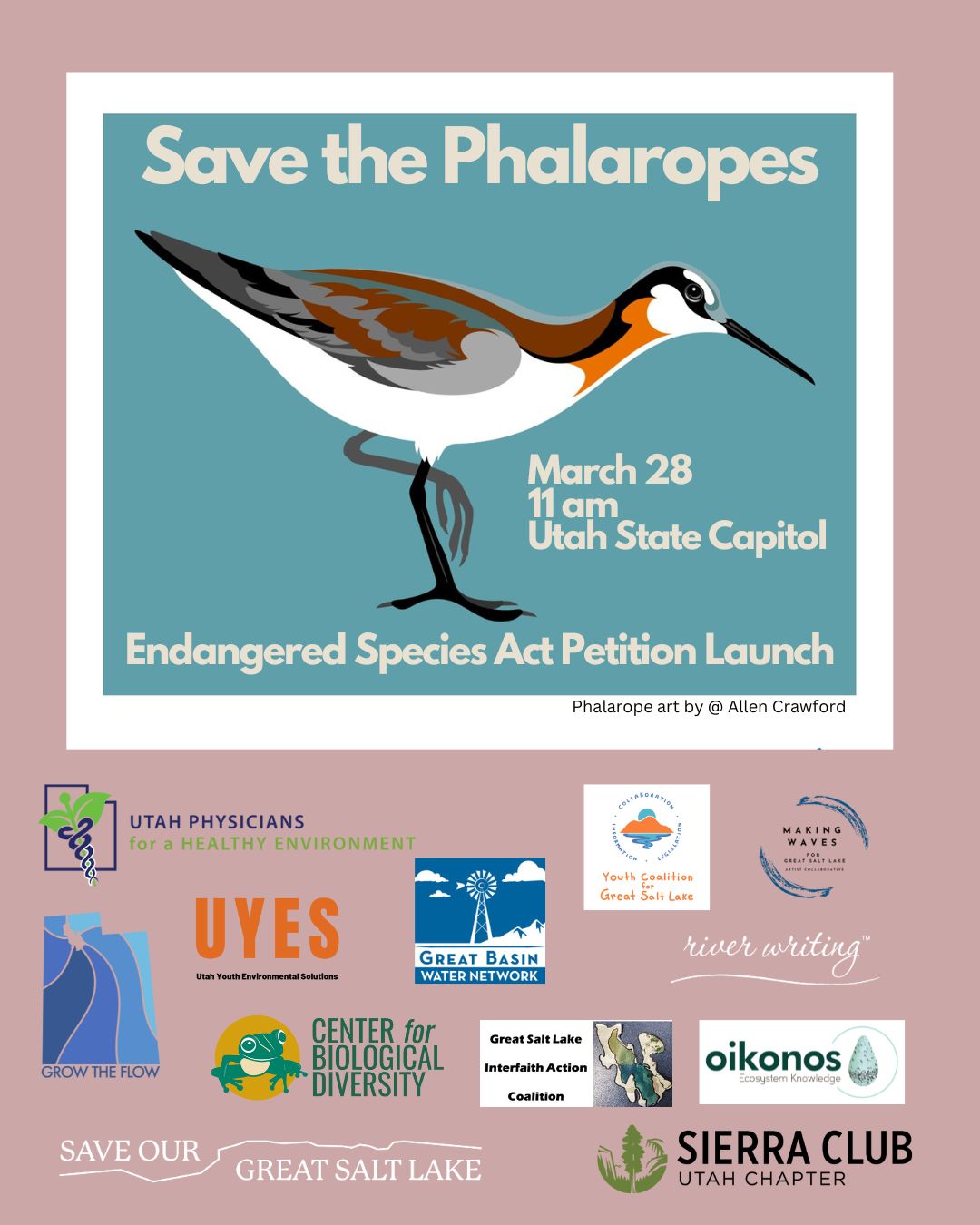 Save the Phalaropes event at the Utah State Capitol. March 28th at 11 AM.